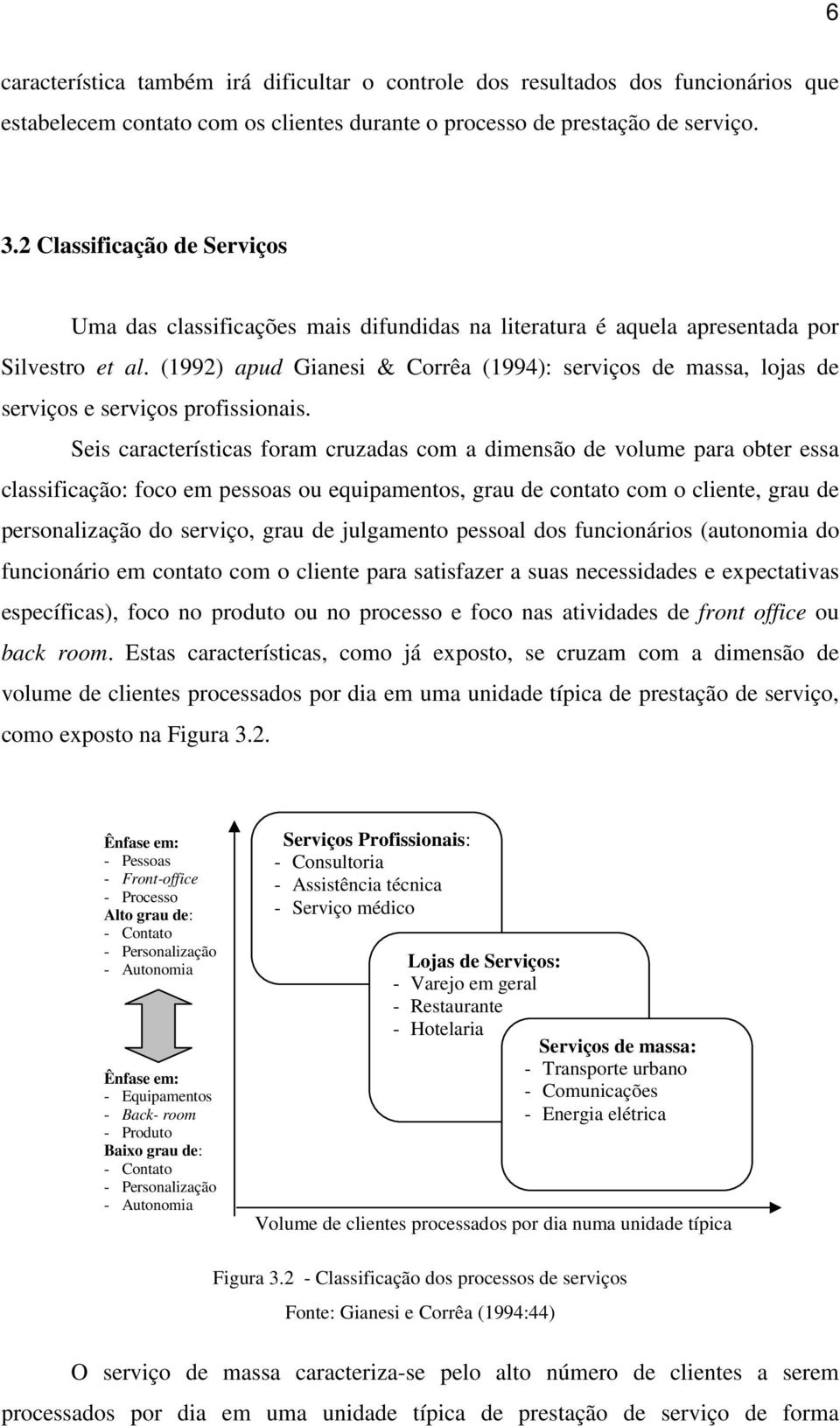 (1992) apud Gianesi & Corrêa (1994): serviços de massa, lojas de serviços e serviços profissionais.