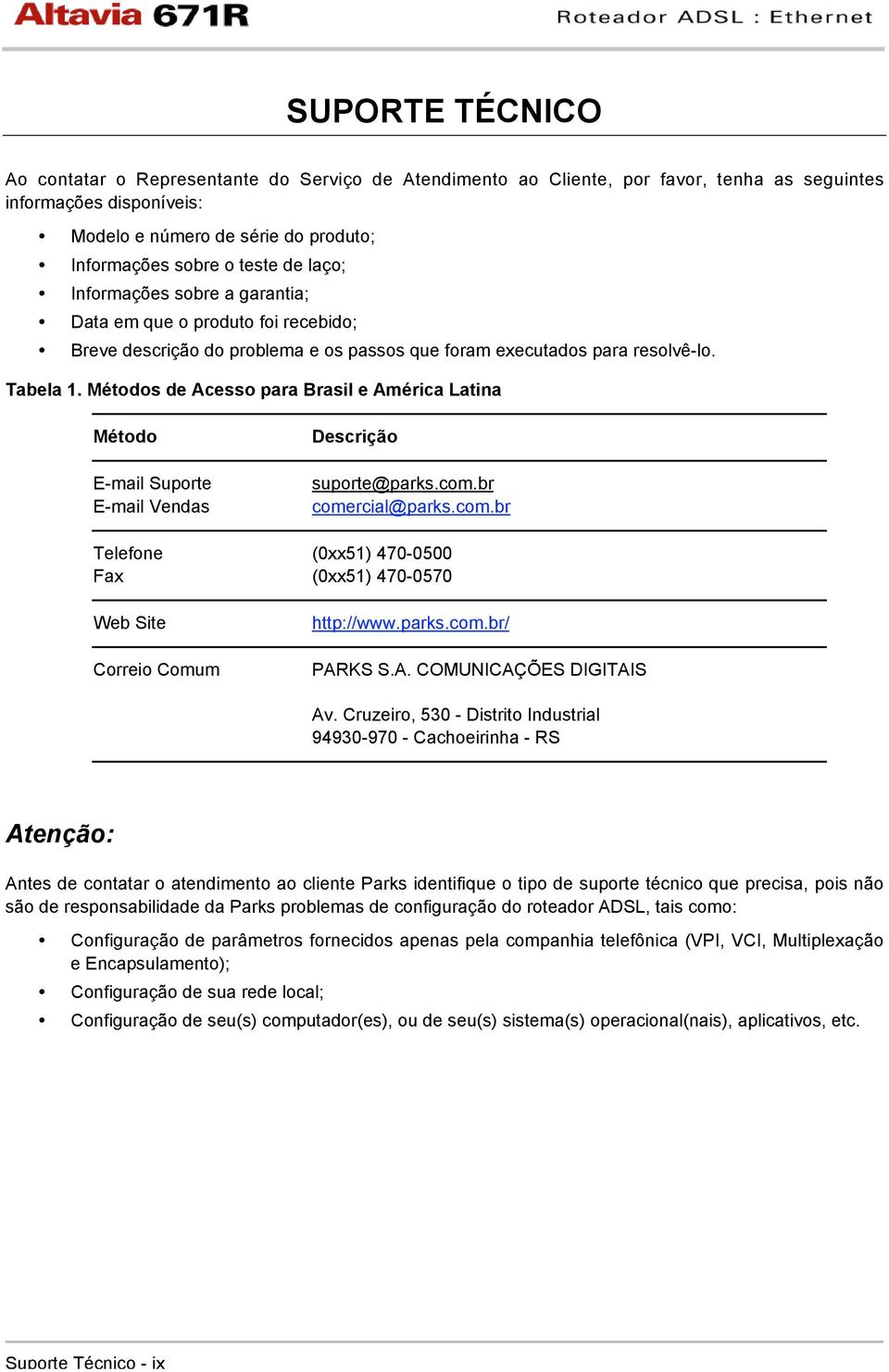 Métodos de Acesso para Brasil e América Latina Método E-mail Suporte E-mail Vendas Telefone Fax Web Site Correio Comum Descrição suporte@parks.com.br comercial@parks.com.br (0xx51) 470-0500 (0xx51) 470-0570 http://www.