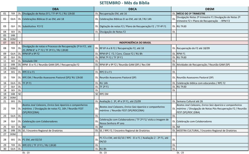 SEX Divulgação de Notas F2 05 SÁB 06 DOM 07 SEG X INDEPENDÊNCIA DO BRASIL 08 TER Divulgação de notas e Processo de Recuperação 2º tri F2, até 21 /RPM 6 e 7 F2 / TF 3º F1 / RU 13h30 RP 6º A e B F2 /