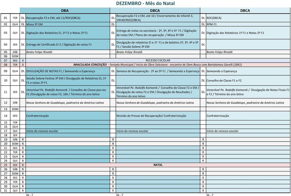 Entrega de Certificado EI 3 / Digitação de notas F1 Divulgação de relatórios EI e 1º F1 e de boletins 2º, 3º, 4º e 5º F1 / Sessão Solene 3º EM 05 SÁB Beato Felipe Rinaldi Beato Felipe Rinaldi Beato