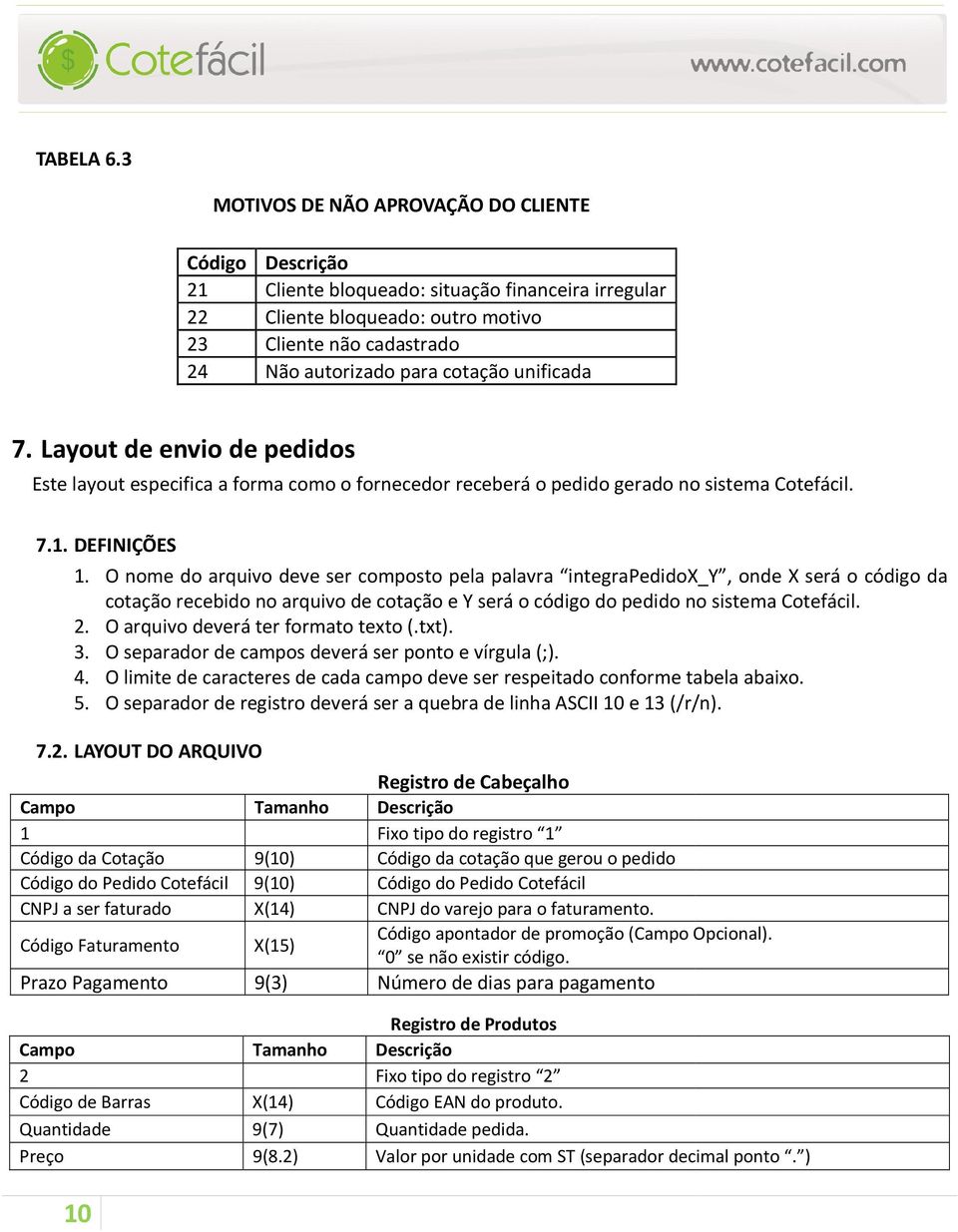 Layout de envio de pedidos Este layout especifica a forma como o fornecedor receberá o pedido gerado no sistema Cotefácil. 7.. DEFINIÇÕES.