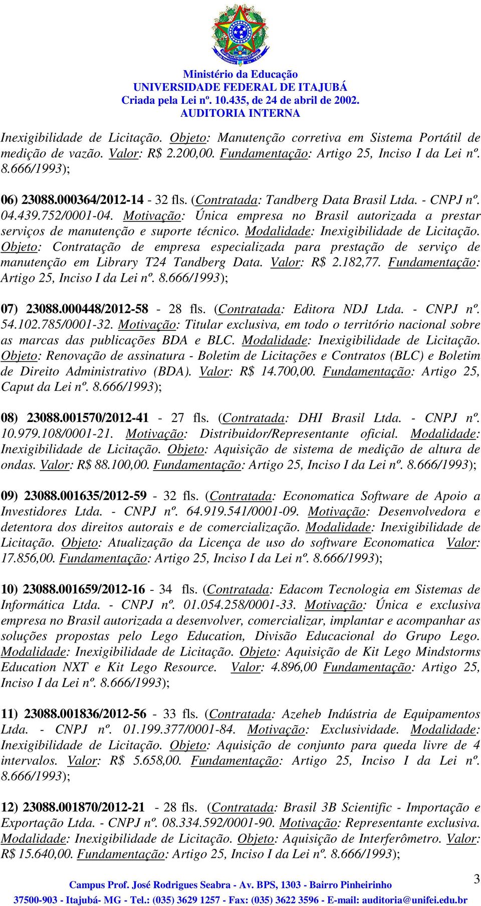 Modalidade: Inexigibilidade de Licitação. Contratação de empresa especializada para prestação de serviço de manutenção em Library T24 Tandberg Data. Valor: R$ 2.182,77.