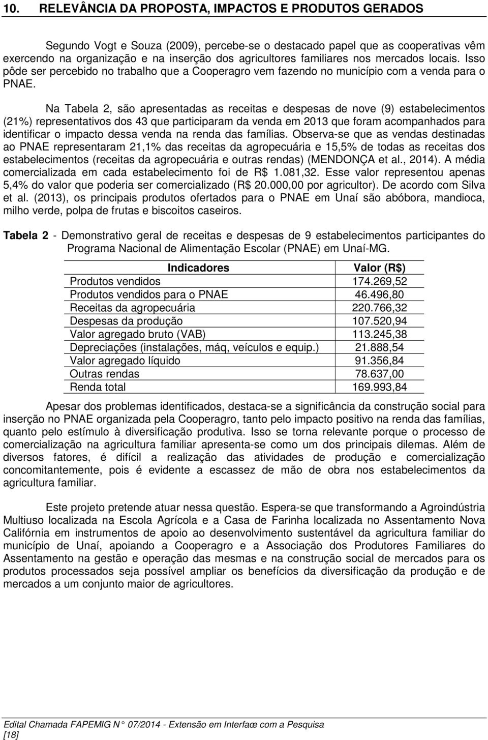 Na Tabela 2, são apresentadas as receitas e despesas de nove (9) estabelecimentos (21%) representativos dos 43 que participaram da venda em 2013 que foram acompanhados para identificar o impacto