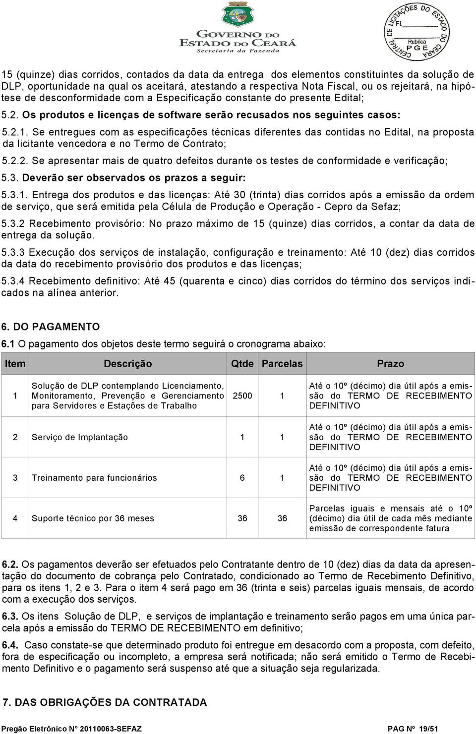 Se entregues com as especificações técnicas diferentes das contidas no Edital, na proposta da licitante vencedora e no Termo de Contrato; 5.2.