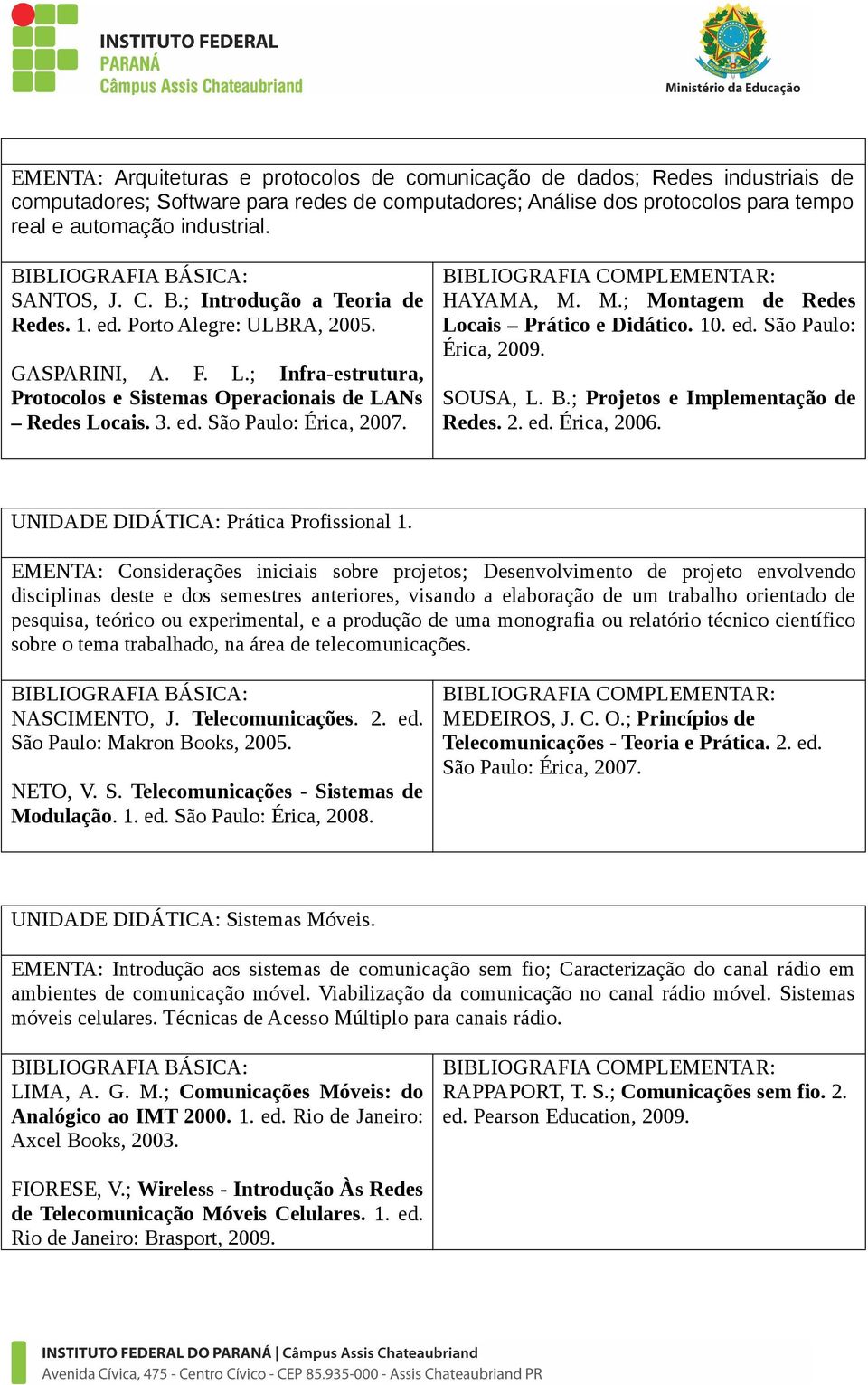 HAYAMA, M. M.; Montagem de Redes Locais Prático e Didático. 10. ed. São Paulo: Érica, 2009. SOUSA, L. B.; Projetos e Implementação de Redes. 2. ed. Érica, 2006.