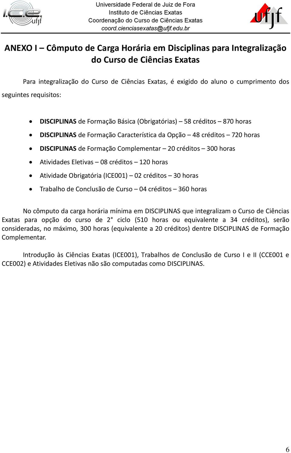 300 horas Atividades Eletivas 08 créditos 120 horas Atividade Obrigatória (ICE001) 02 créditos 30 horas Trabalho de Conclusão de Curso 04 créditos 360 horas No cômputo da carga horária mínima em