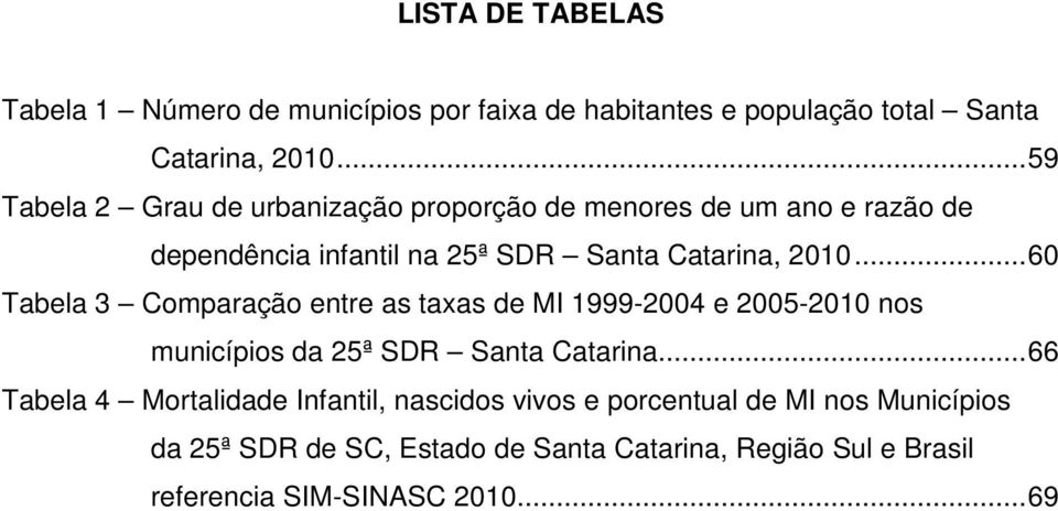 .. 60 Tabela 3 Comparação entre as taxas de MI 1999-2004 e 2005-2010 nos municípios da 25ª SDR Santa Catarina.