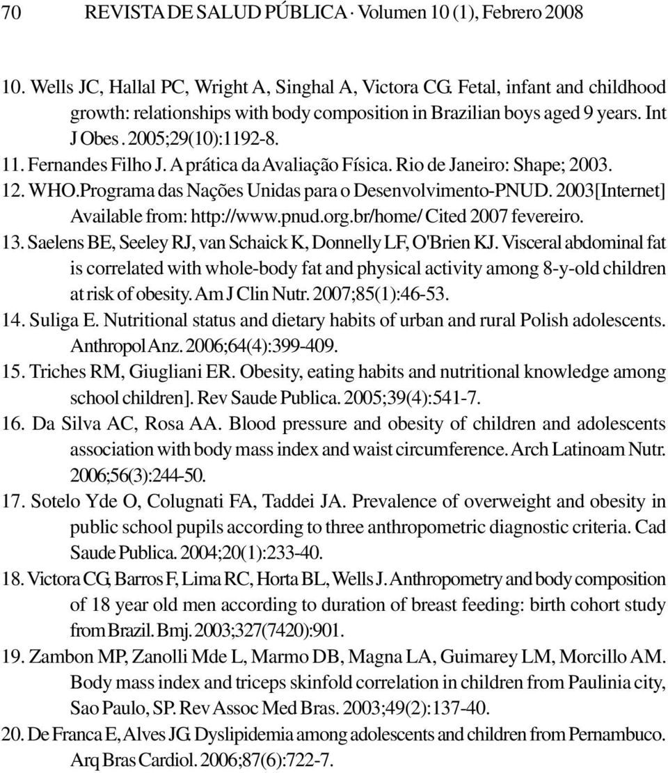 Rio de Janeiro: Shape; 2003. 12. WHO.Programa das Nações Unidas para o Desenvolvimento-PNUD. 2003[Internet] Available from: http://www.pnud.org.br/home/ Cited 2007 fevereiro. 13.