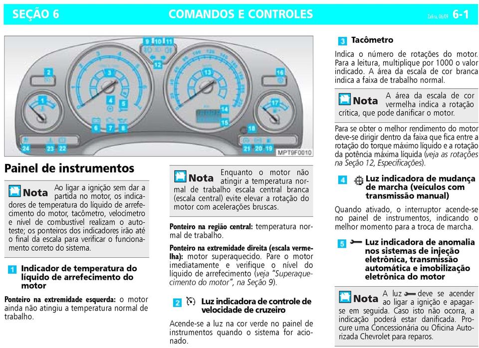 Indicador de temperatura do líquido de arrefecimento do motor Ponteiro na extremidade esquerda: o motor ainda não atingiu a temperatura normal de trabalho.