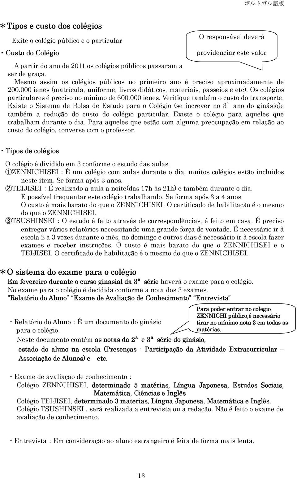 Os colégios particulares é preciso no mínimo de 600.000 ienes. Verifique também o custo do transporte.