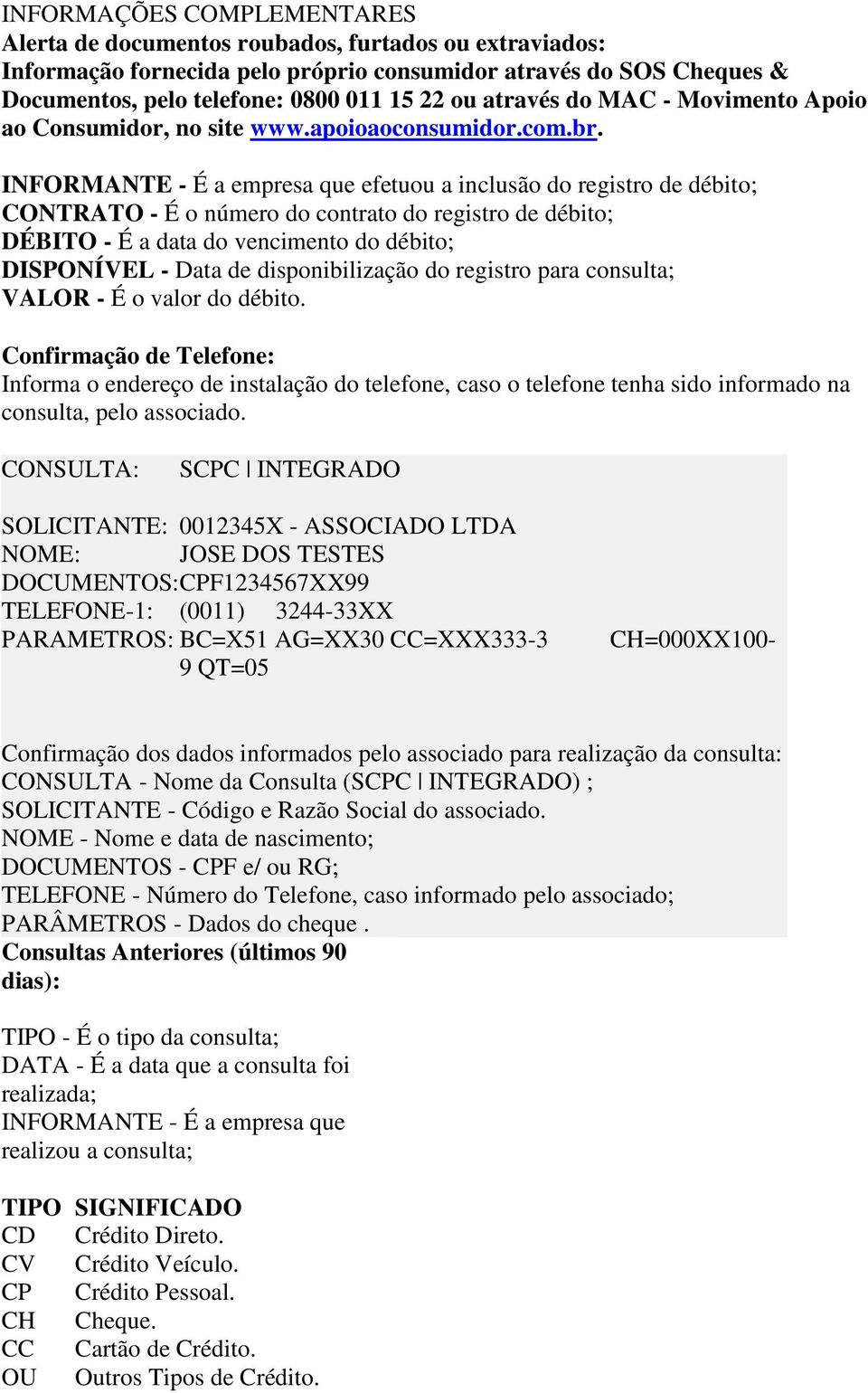 INFORMANTE - É a empresa que efetuou a inclusão do registro de débito; CONTRATO - É o número do contrato do registro de débito; DÉBITO - É a data do vencimento do débito; DISPONÍVEL - Data de