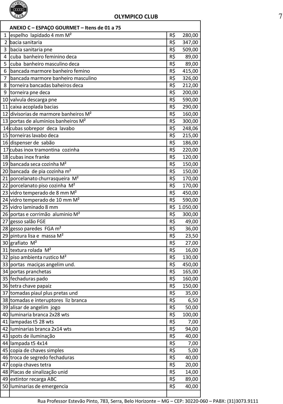 10 valvula descarga pne R$ 590,00 11 caixa acoplada bacias R$ 290,00 12 divisorias de marmore banheiros M² R$ 160,00 13 portas de aluminios banheiros M² R$ 300,00 14 cubas sobrepor deca lavabo R$