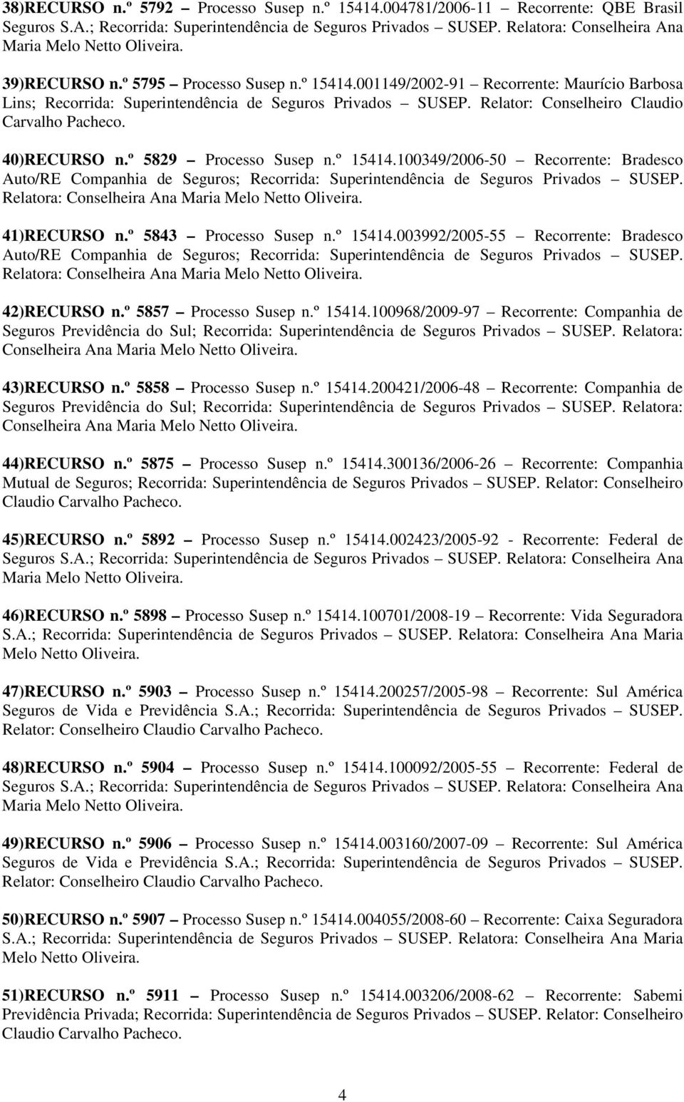 º 5829 Processo Susep n.º 15414.100349/2006-50 Recorrente: Bradesco Auto/RE Companhia de Seguros; Recorrida: Superintendência de Seguros Privados SUSEP. Relatora: 41)RECURSO n.º 5843 Processo Susep n.