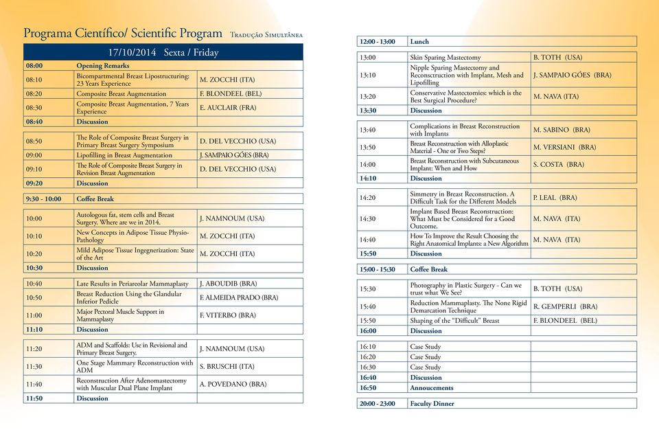 AUCLAIR (FRA) 08:40 Discussion 08:50 The Role of Composite Breast Surgery in Primary Breast Surgery Symposium D. DEL VECCHIO (USA) 09:00 Lipofilling in Breast Augmentation J.