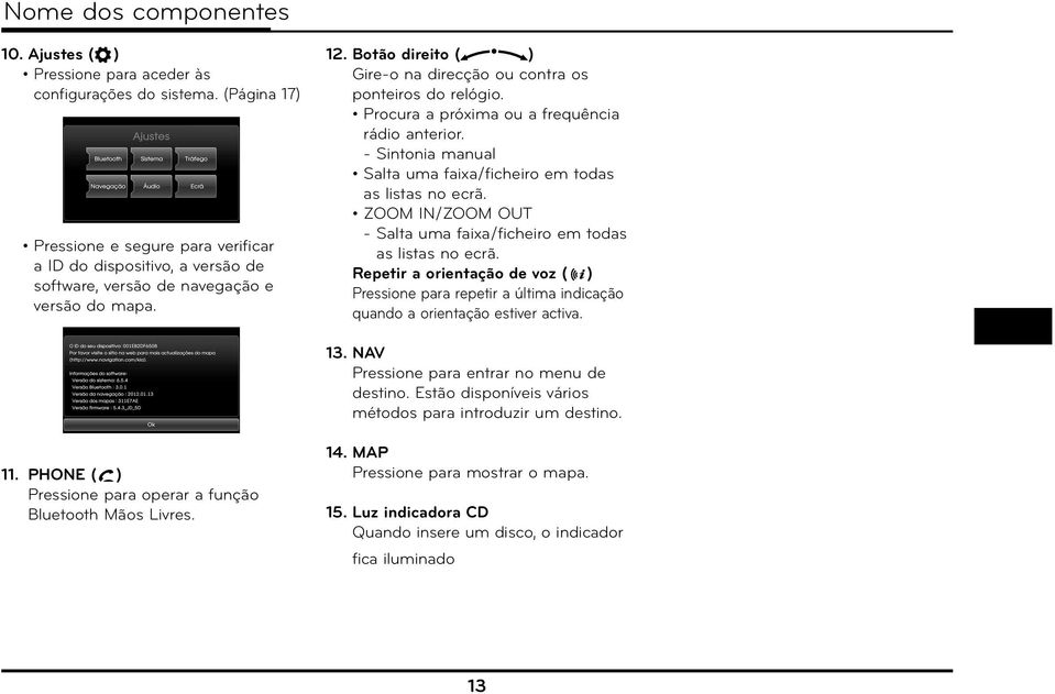 Botão direito ( ) Gire-o na direcção ou contra os ponteiros do relógio. Procura a próxima ou a frequência rádio anterior. - Sintonia manual Salta uma faixa/ficheiro em todas as listas no ecrã.