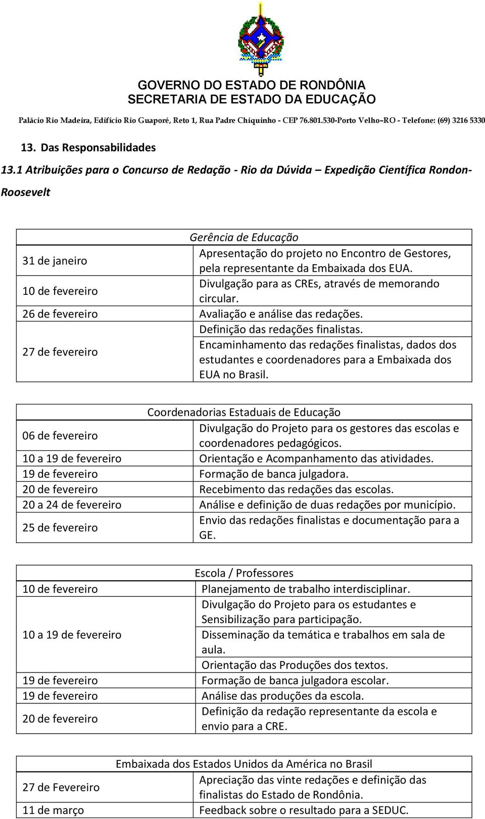 da Embaixada dos EUA. Divulgação para as CREs, através de memorando 10 de fevereiro circular. 26 de fevereiro Avaliação e análise das redações. Definição das redações finalistas.