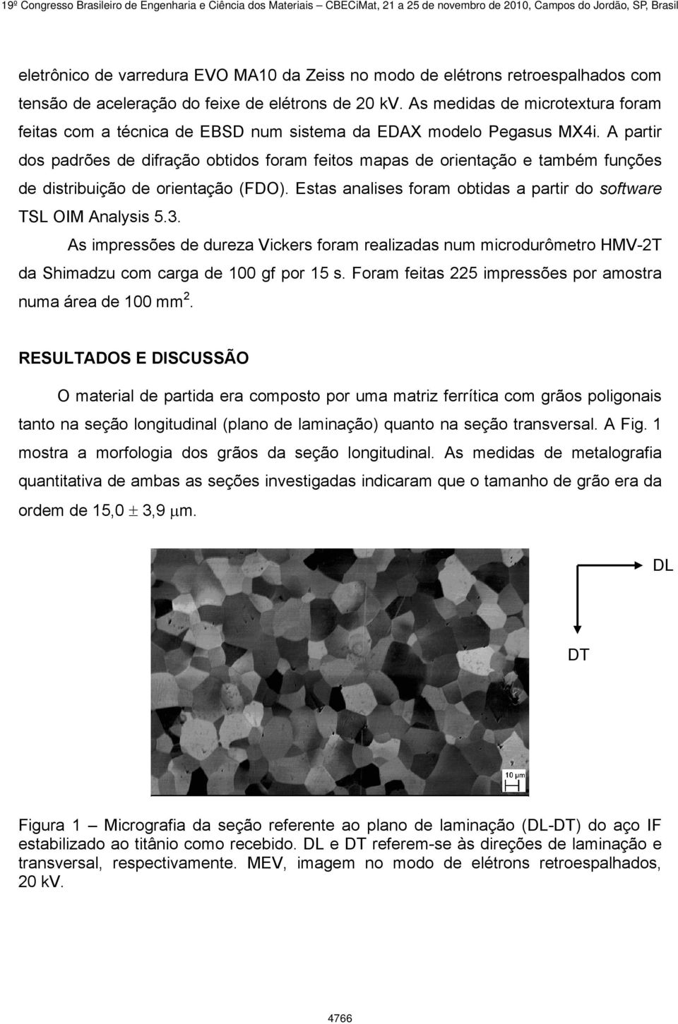 A partir dos padrões de difração obtidos foram feitos mapas de orientação e também funções de distribuição de orientação (FDO). Estas analises foram obtidas a partir do software TSL OIM Analysis 5.3.