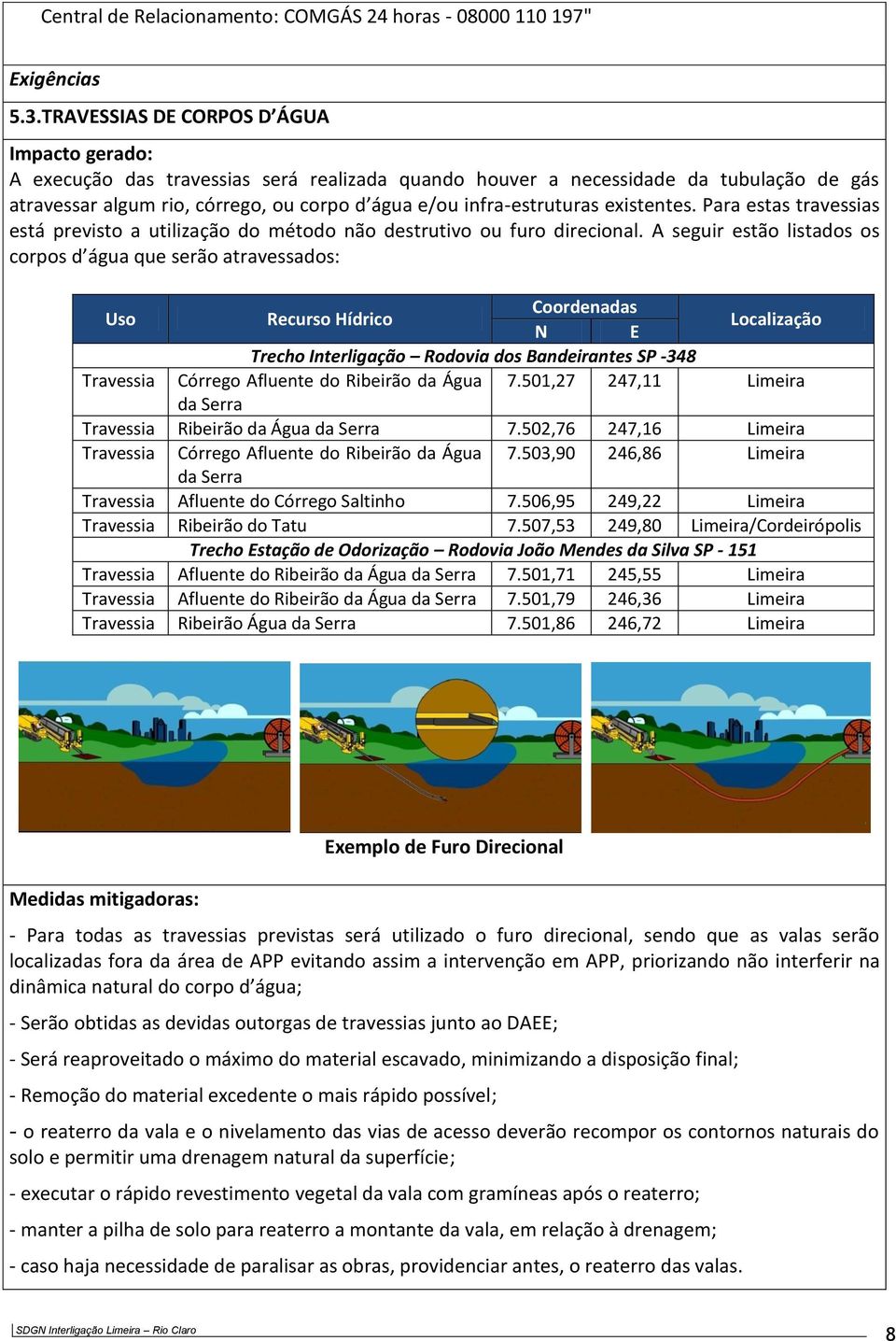 infra-estruturas existentes. Para estas travessias está previsto a utilização do método não destrutivo ou furo direcional.