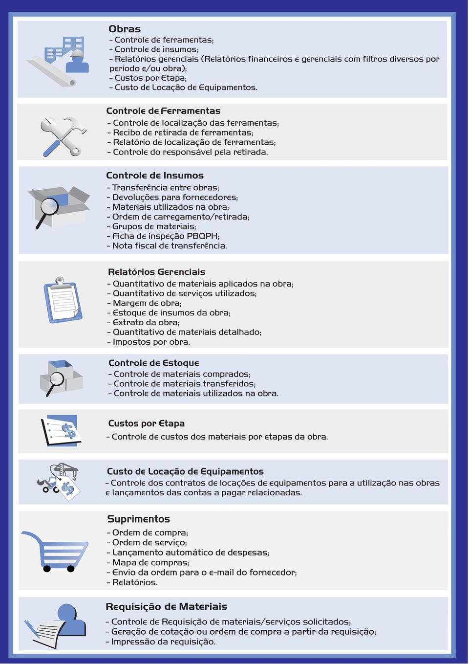 - Transferência entre obras; - Devoluções para fornecedores; - Materiais utilizados na obra; - Ordem de carregamento/retirada; - Grupos de materiais; - Ficha de inspeção PBQPH; - Nota fiscal de