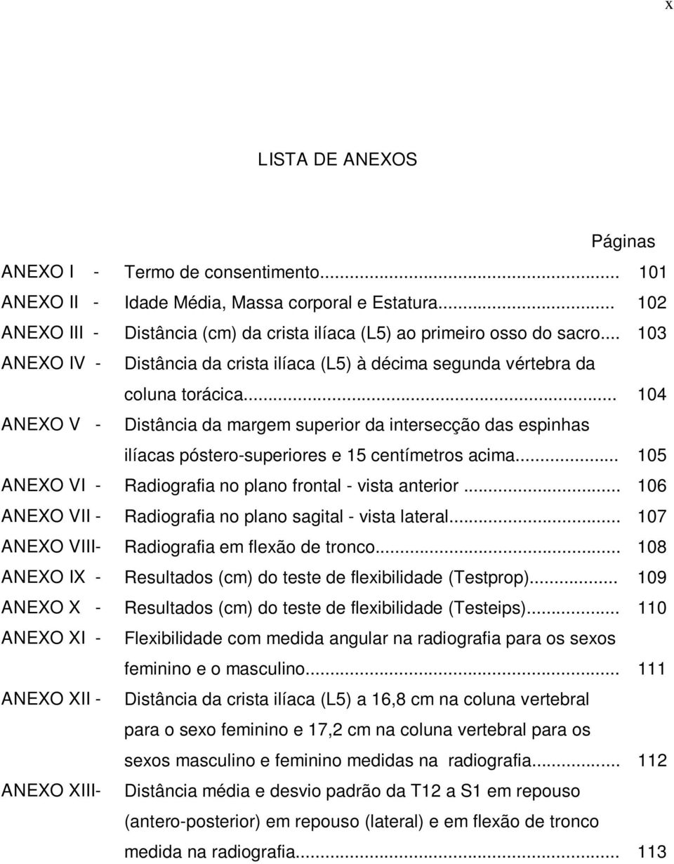 .. 104 ANEXO V - Distância da margem superior da intersecção das espinhas ilíacas póstero-superiores e 15 centímetros acima... 105 ANEXO VI - Radiografia no plano frontal - vista anterior.