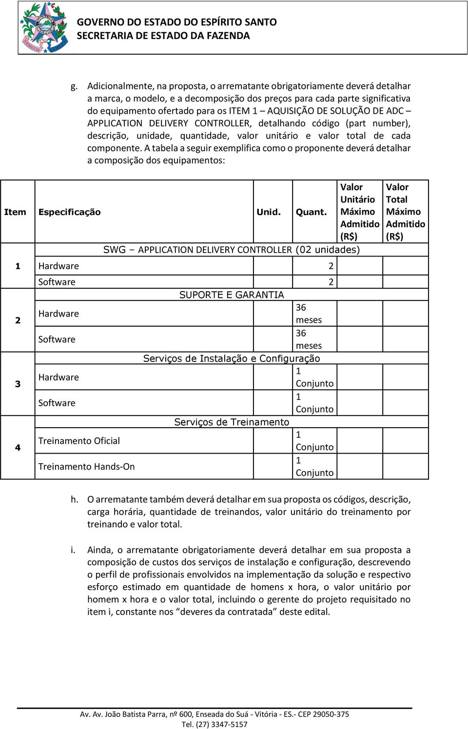 A tabela a seguir exemplifica como o proponente deverá detalhar a composição dos equipamentos: Valor Unitário Máximo Admitido (R$) SWG APPLICATION DELIVERY CONTROLLER (02 unidades) Item Especificação