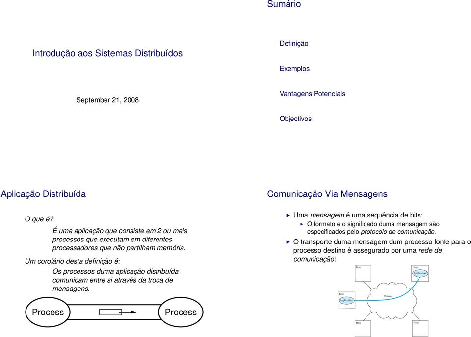 Um corolário desta definição é: Process Os processos duma aplicação distribuída comunicam entre si através da troca de mensagens.