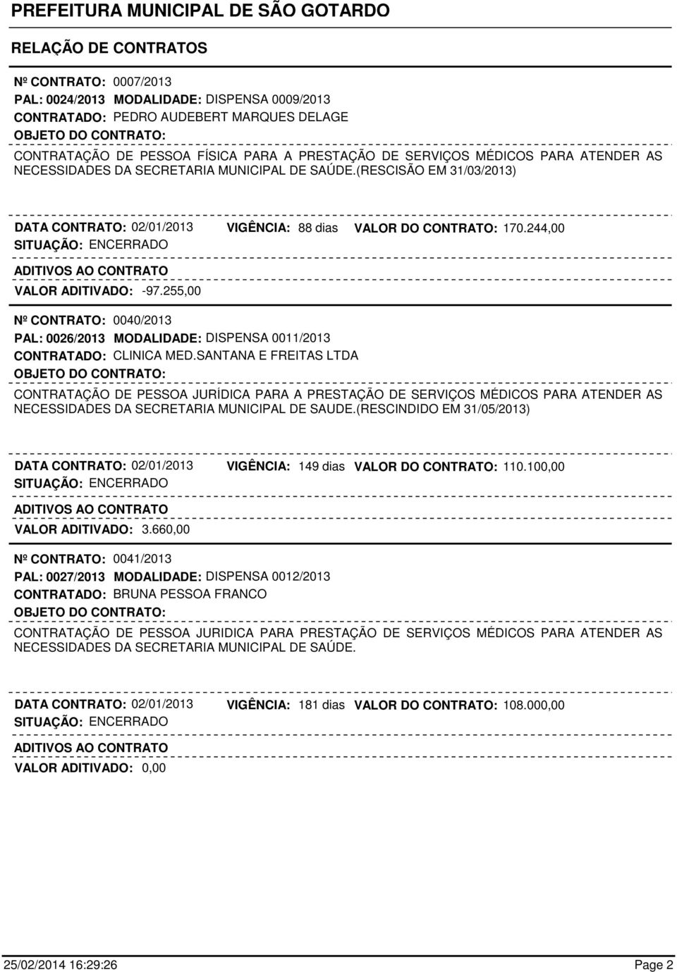 255,00 Nº CONTRATO: 0040/2013 PAL: 0026/2013 MODALIDADE: DISPENSA 0011/2013 CONTRATADO: CLINICA MED.