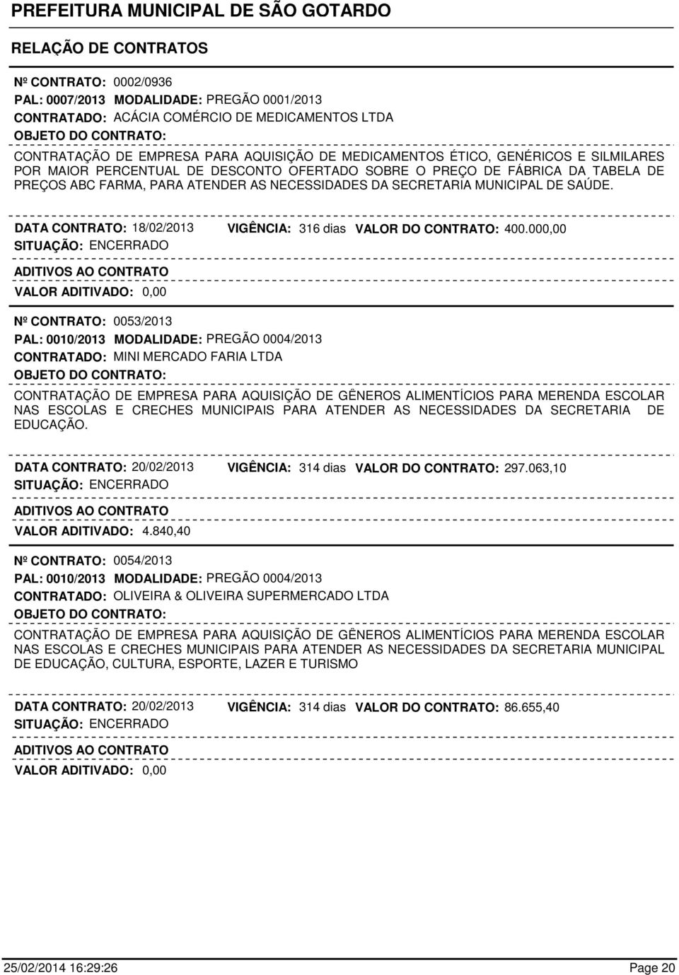 000,00 Nº CONTRATO: 0053/2013 PAL: 0010/2013 MODALIDADE: PREGÃO 0004/2013 CONTRATADO: MINI MERCADO FARIA LTDA CONTRATAÇÃO DE EMPRESA PARA AQUISIÇÃO DE GÊNEROS ALIMENTÍCIOS PARA MERENDA ESCOLAR NAS