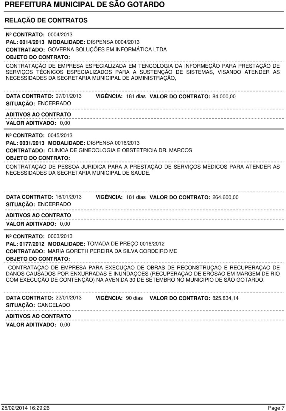 000,00 Nº CONTRATO: 0045/2013 PAL: 0031/2013 MODALIDADE: DISPENSA 0016/2013 CONTRATADO: CLINICA DE GINECOLOGIA E OBSTETRICIA DR.