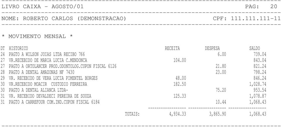 00 798.24 846.24 30 VR.RECEBIDO MOACIR CUSTODIO FERREIRA 182.50 1,028.74 30 PAGTO A DENTAL ALIANCA LTDA- 75.20 953.54 31 VR.