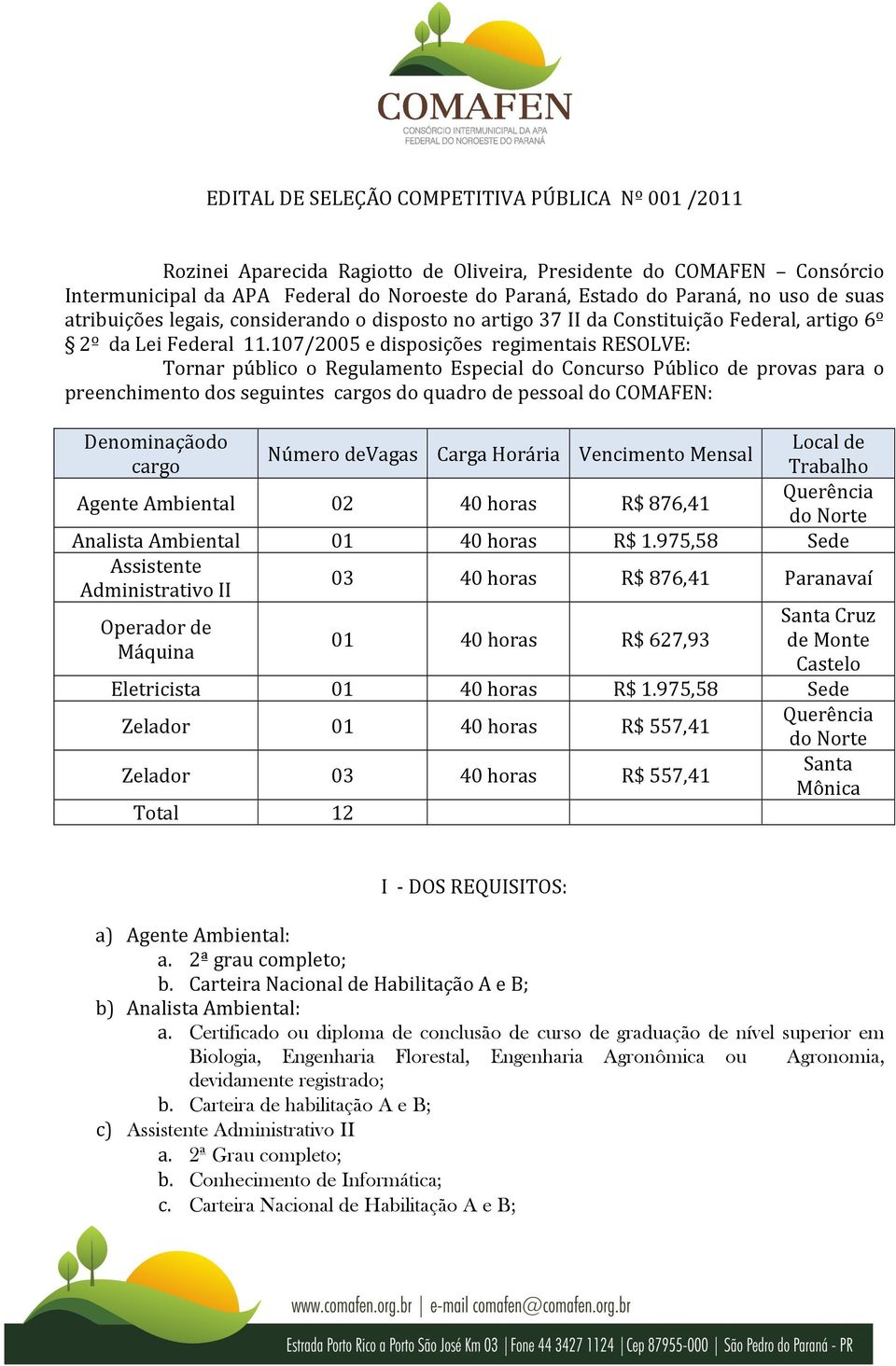 107/2005 e disposições regimentais RESOLVE: Tornar público o Regulamento Especial do Concurso Público de provas para o preenchimento dos seguintes cargos do quadro de pessoal do COMAFEN: