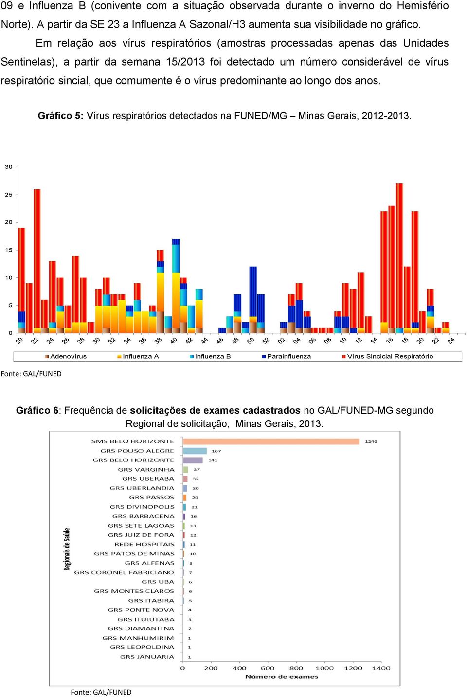 que comumente é o vírus predominante ao longo dos anos. Gráfico 5: Vírus respiratórios detectados na FUNED/MG Minas Gerais, 2012-2013.