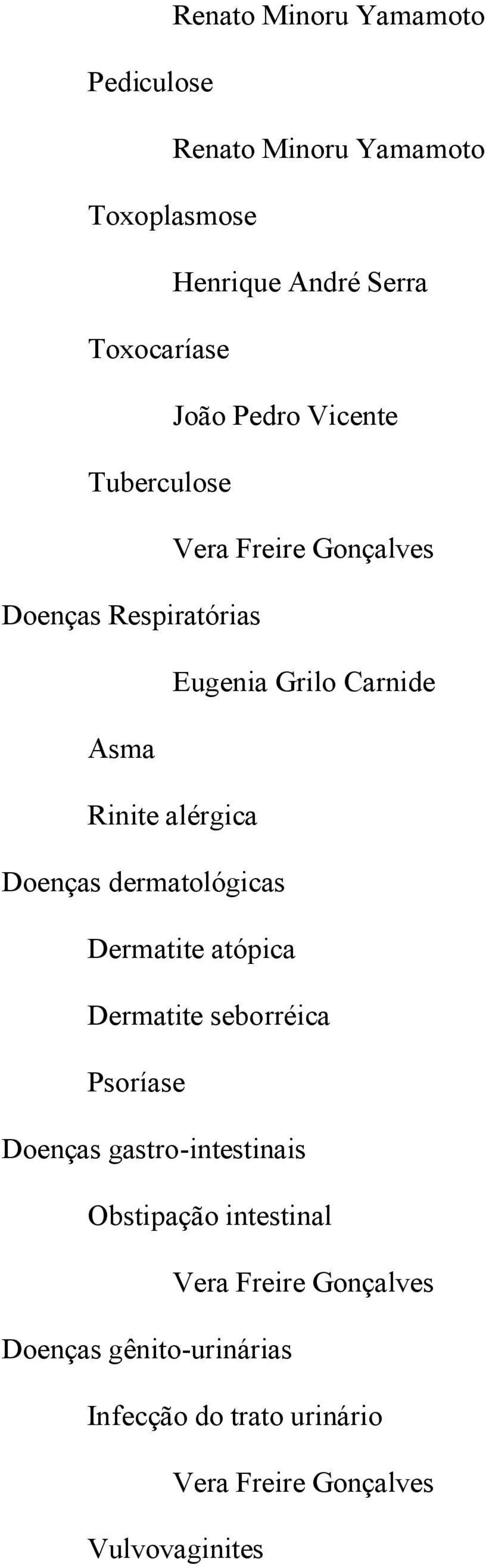 Doenças dermatológicas Dermatite atópica Dermatite seborréica Psoríase Doenças gastro-intestinais Obstipação