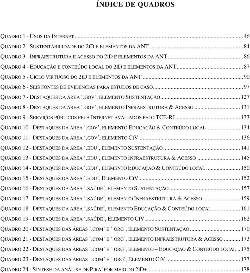 .. 97 QUADRO 7 - DESTAQUES DA ÁREA.GOV, ELEMENTO SUSTENTAÇÃO... 127 QUADRO 8 - DESTAQUES DA ÁREA.GOV, ELEMENTO INFRAESTRUTURA & ACESSO.