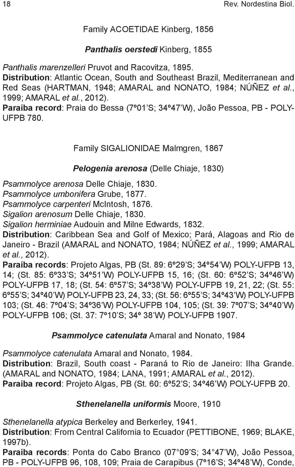 Paraíba record: Praia do Bessa (7º01 S; 34º47 W), João Pessoa, PB - POLY- UFPB 780. Family SIGALIONIDAE Malmgren, 1867 Pelogenia arenosa (Delle Chiaje, 1830) Psammolyce arenosa Delle Chiaje, 1830.