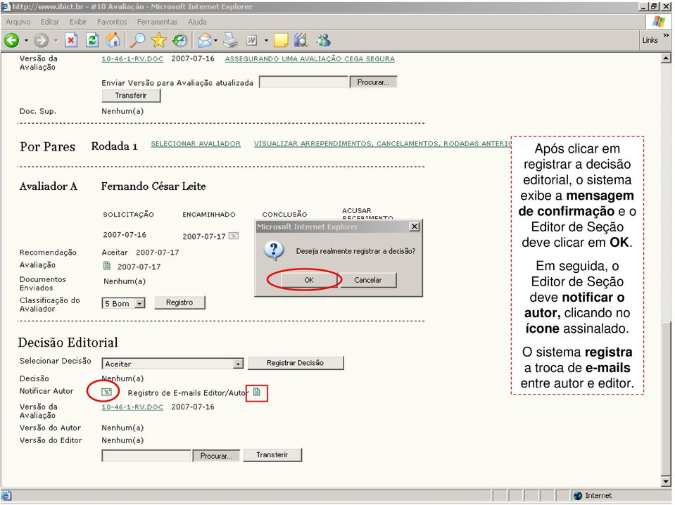 Em seguida, o Editor de Seção deve notificar o autor, clicando no