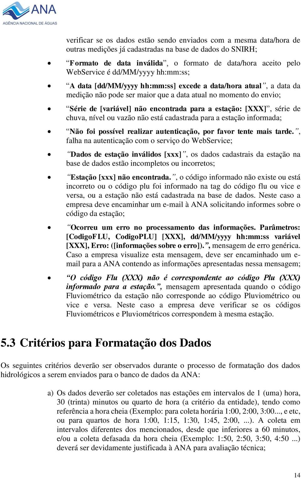 estação: [XXX], série de chuva, nível ou vazão não está cadastrada para a estação informada; Não foi possível realizar autenticação, por favor tente mais tarde.