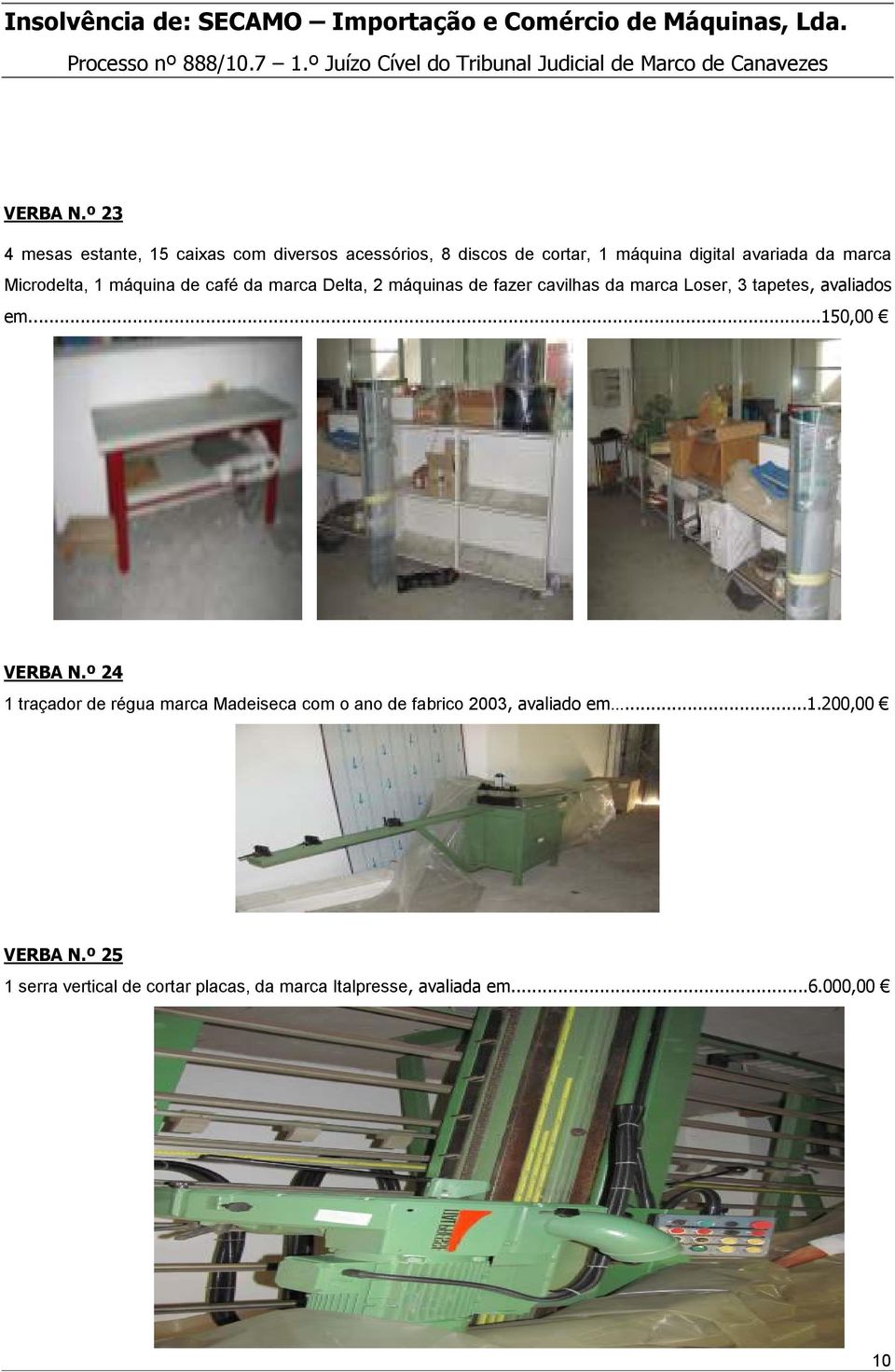 marca Microdelta, 1 máquina de café da marca Delta, 2 máquinas de fazer cavilhas da marca Loser, 3 tapetes,