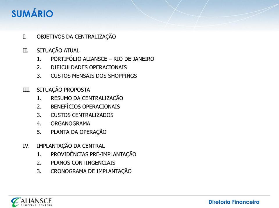 CUSTOS MENSAIS DOS SHOPPINGS SITUAÇÃO PROPOSTA 1. RESUMO DA CENTRALIZAÇÃO 2.