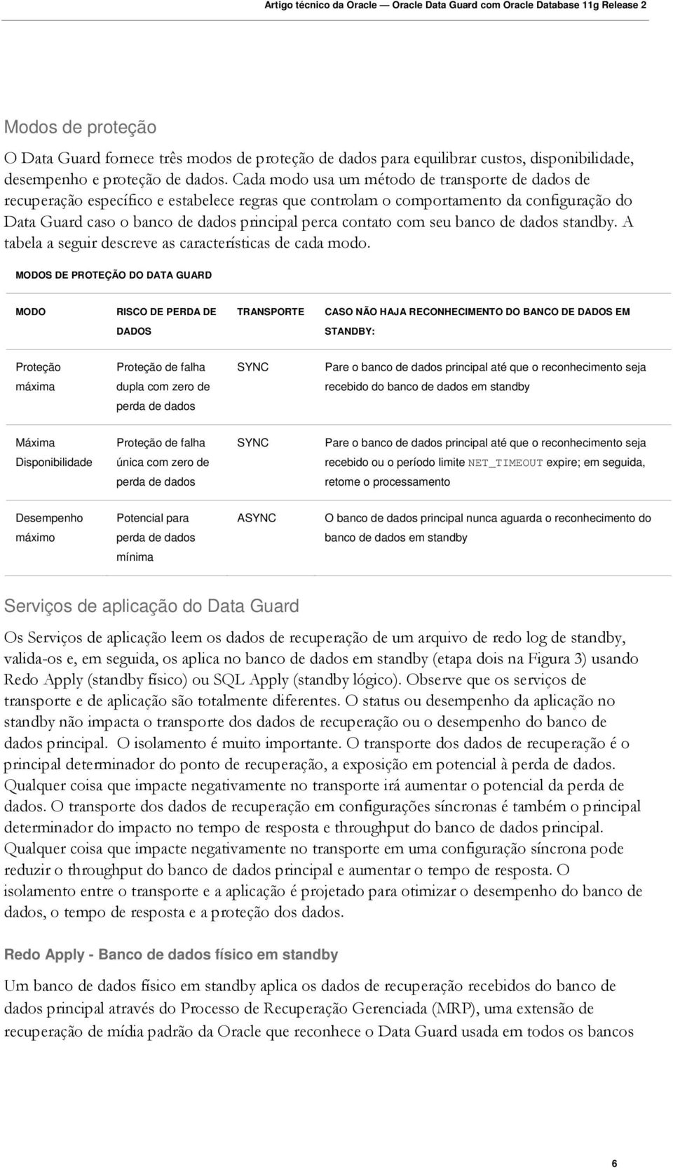 com seu banco de dados standby. A tabela a seguir descreve as características de cada modo.