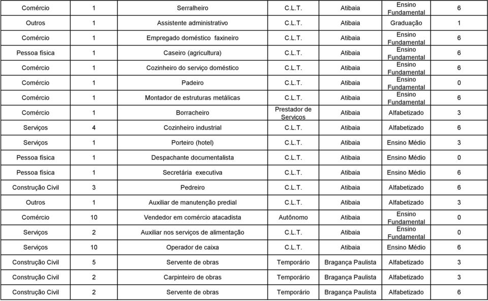 Alfabetizado 1 Porteiro (hotel) Atibaia Médio Pessoa física 1 Despachante documentalista Atibaia Médio Pessoa física 1 Secretária executiva Atibaia Médio Construção Civil Pedreiro Atibaia