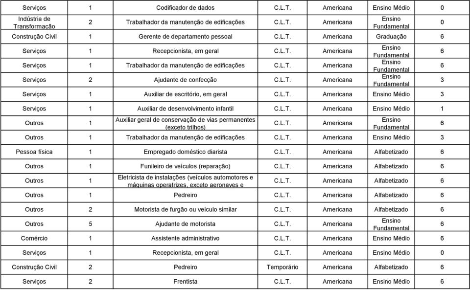 Outros 1 Auxiliar geral de conservação de vias permanentes (exceto trilhos) Americana Outros 1 Trabalhador da manutenção de edificações Americana Médio Pessoa física 1 Empregado doméstico diarista