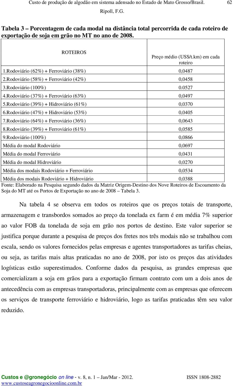 Rodoviário (39%) + Hidroviário (61%) 0,0370 6.Rodoviário (47%) + Hidroviário (53%) 0,0405 7.Rodoviário (64%) + Ferroviário (36%) 0,0643 8.Rodoviário (39%) + Ferroviário (61%) 0,0585 9.