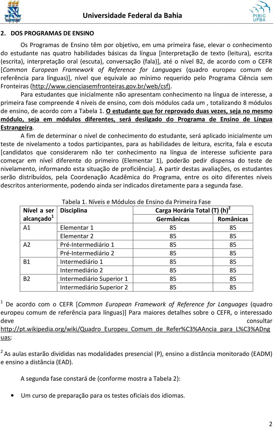 referência para línguas)], nível que equivale ao mínimo requerido pelo Programa Ciência sem Fronteiras (http://www.cienciasemfronteiras.gov.br/web/csf).