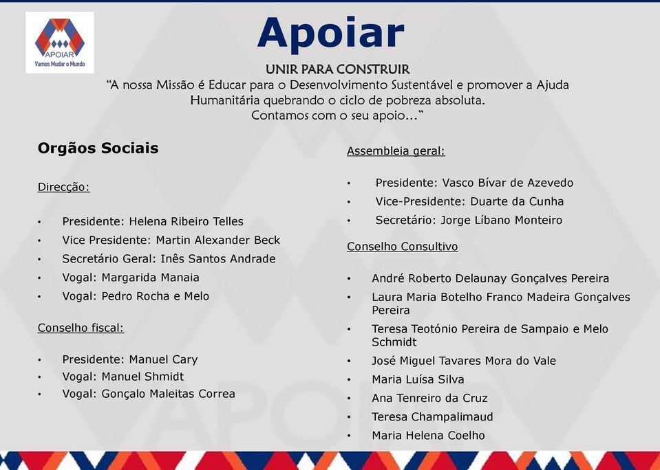 Manaia Vogal: Pedro Rocha e Melo Conselho fiscal: Presidente: Manuel Cary Vogal: Manuel Shmidt Vogal: Gonçalo Maleitas Correa Presidente: Vasco Bívar de Azevedo Vice-Presidente: Duarte da Cunha