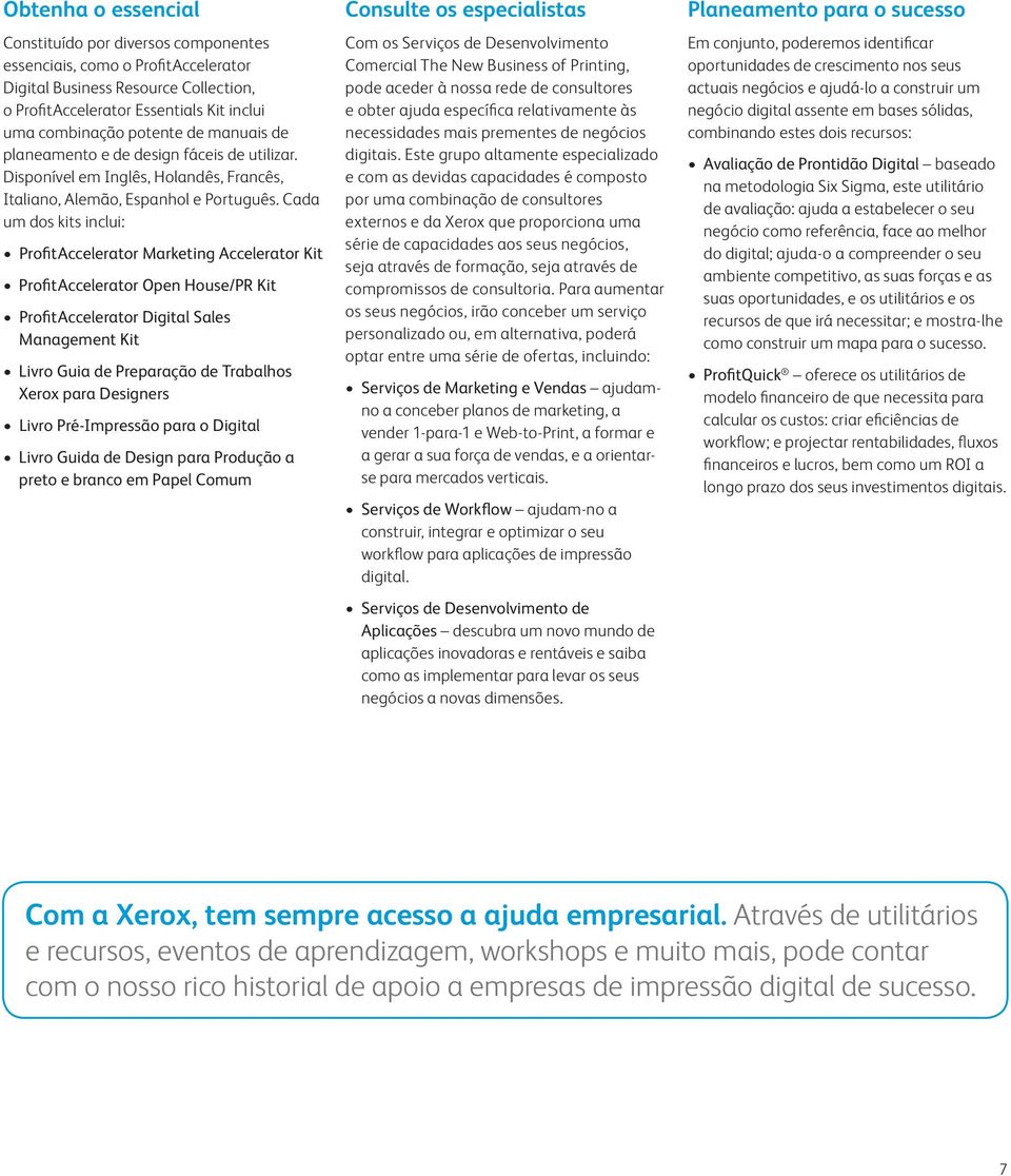 Cada um dos kits inclui: ProfitAccelerator Marketing Accelerator Kit ProfitAccelerator Open House/PR Kit ProfitAccelerator Digital Sales Management Kit Livro Guia de Preparação de Trabalhos Xerox