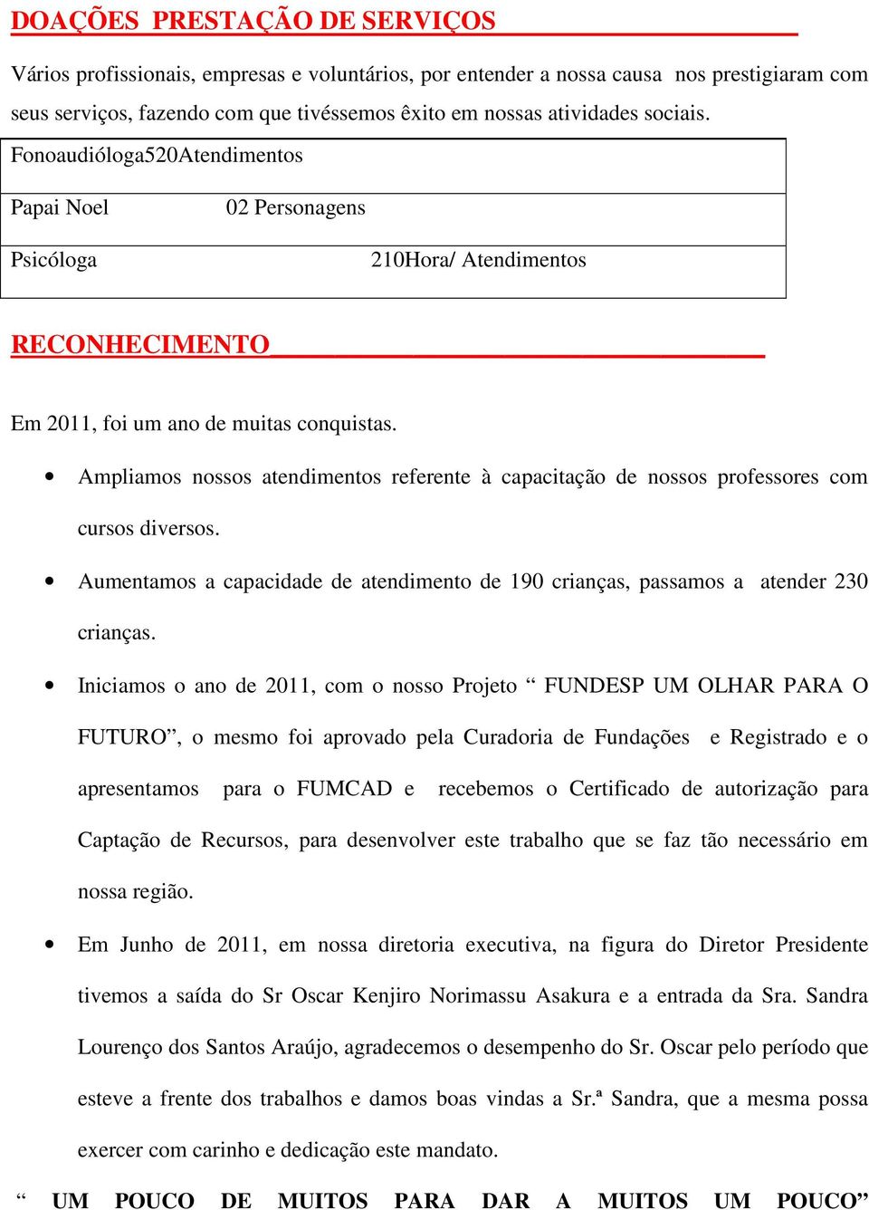 Ampliamos nossos atendimentos referente à capacitação de nossos professores com cursos diversos. Aumentamos a capacidade de atendimento de 190 crianças, passamos a atender 230 crianças.