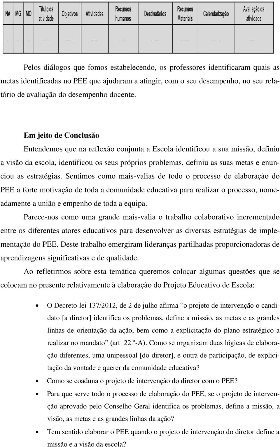 Em jeito de Conclusão Entendemos que na reflexão conjunta a Escola identificou a sua missão, definiu a visão da escola, identificou os seus próprios problemas, definiu as suas metas e enunciou as