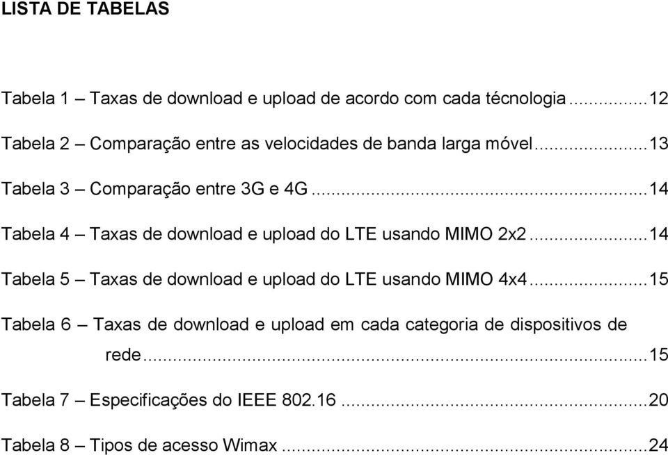 .. 14 Tabela 4 Taxas de download e upload do LTE usando MIMO 2x2.