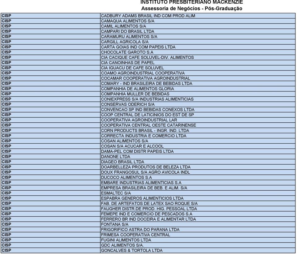 ALIMENTOS CIA CANOINHAS DE PAPEL CIA IGUACU DE CAFE SOLUVEL COAMO AGROINDUSTRIAL COOPERATIVA COCAMAR COOPERATIVA AGROINDUSTRIAL COMARY - IND BRASILEIRA DE BEBIDAS LTDA COMPANHIA DE ALIMENTOS GLORIA